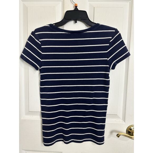 Vtg Y2K Ralph Lauren Sport Blue Striped V-Neck T-Shirt Size MEdium Pony Preppy - Picture 2 of 4